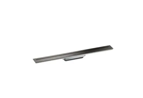 Schlanke Duschrinne in poliertem Schwarzchrom, hergestellt von AXOR, mit einer minimalistischen Formgebung und einer glatten Oberfläche.